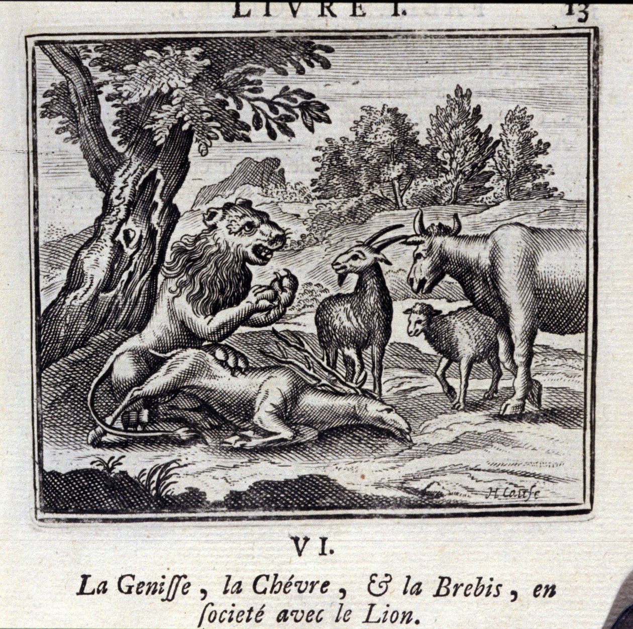 The Genisse the Gove and the Sheep in society with the Lion (Illustration by François Chauveau) by Francois Chauveau