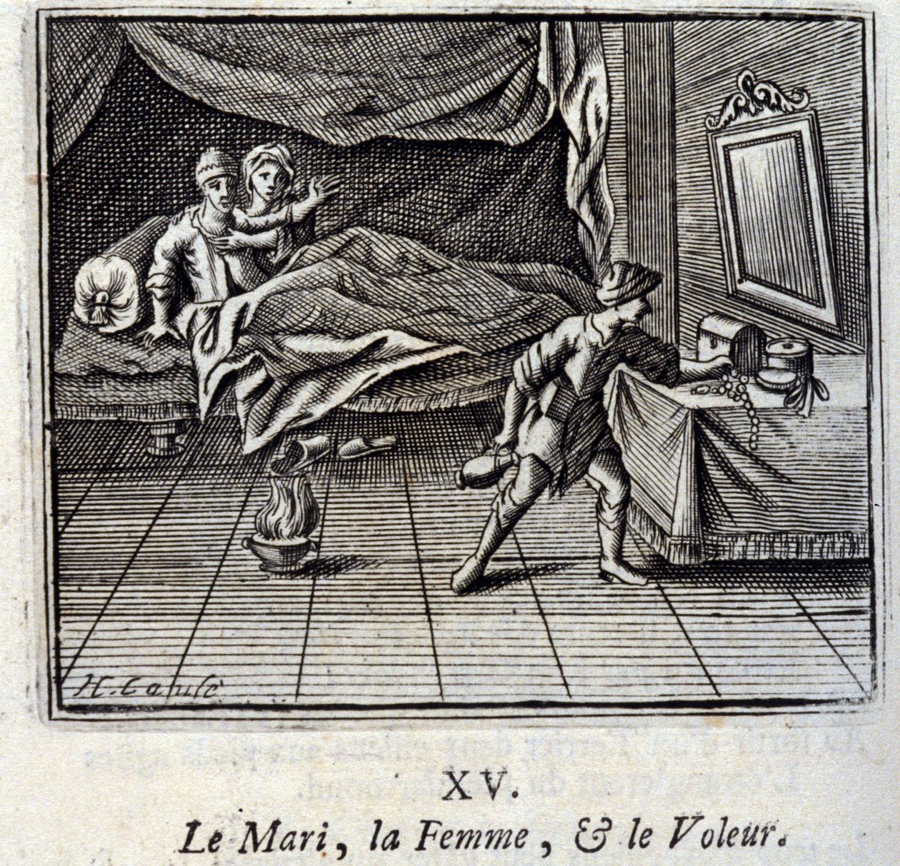 The Husband, the Wife, and the Thief. Fables by Jean de La Fontaine. Illustration by François Chauveau. Edition of 1728 by Francois Chauveau