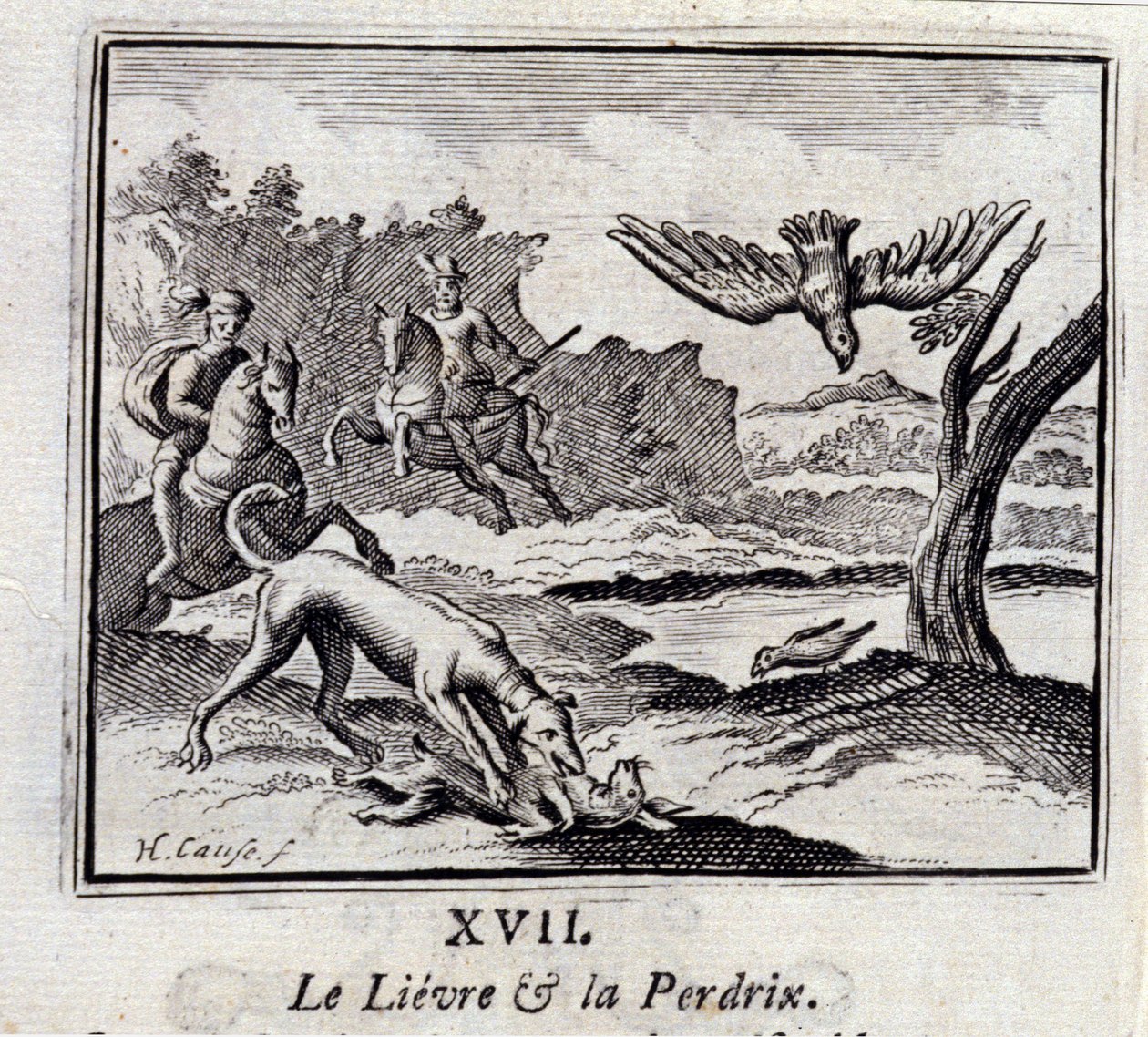 The Hare and the Partridge. Fables by Jean de La Fontaine (1621-95). Illustration by François Chauveau (1613-1676). Edition of 1728 by Francois Chauveau