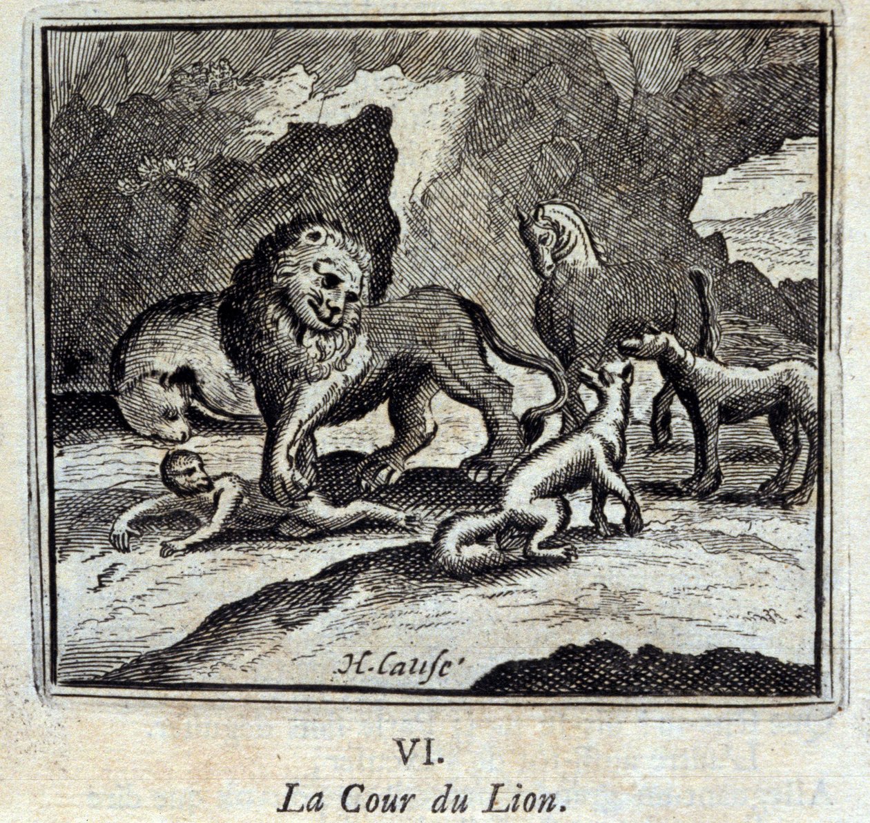 The Lion Court. Fables by Jean de La Fontaine. Illustration by François Chauveau, Edition of 1728 by Francois Chauveau