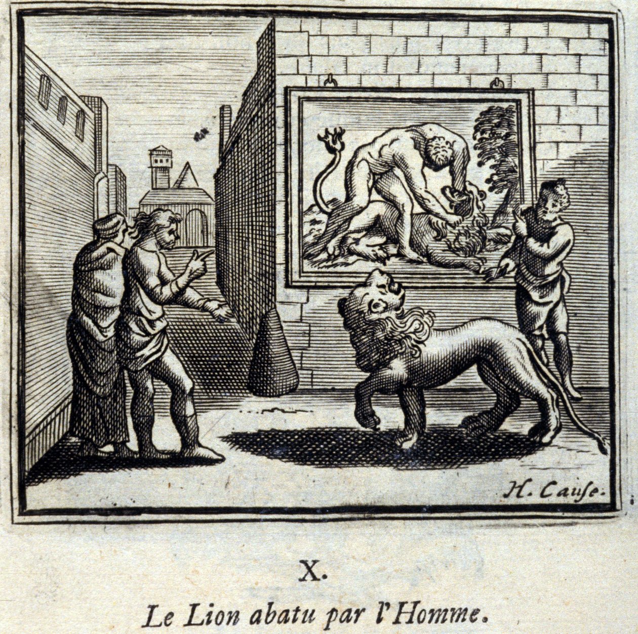 The Lion shot down by Man. Fables by Jean de La Fontaine (1621-95). Illustration by François Chauveau (1613-1676). Edition of 1728 by Francois Chauveau
