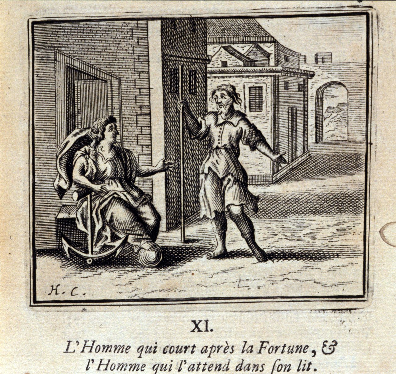 The Man Who Runs After Fortune and the Man Who Waits for Him in Bed. Fables by Jean de La Fontaine. Illustration by François Chauveau, Edition of 1728 by Francois Chauveau