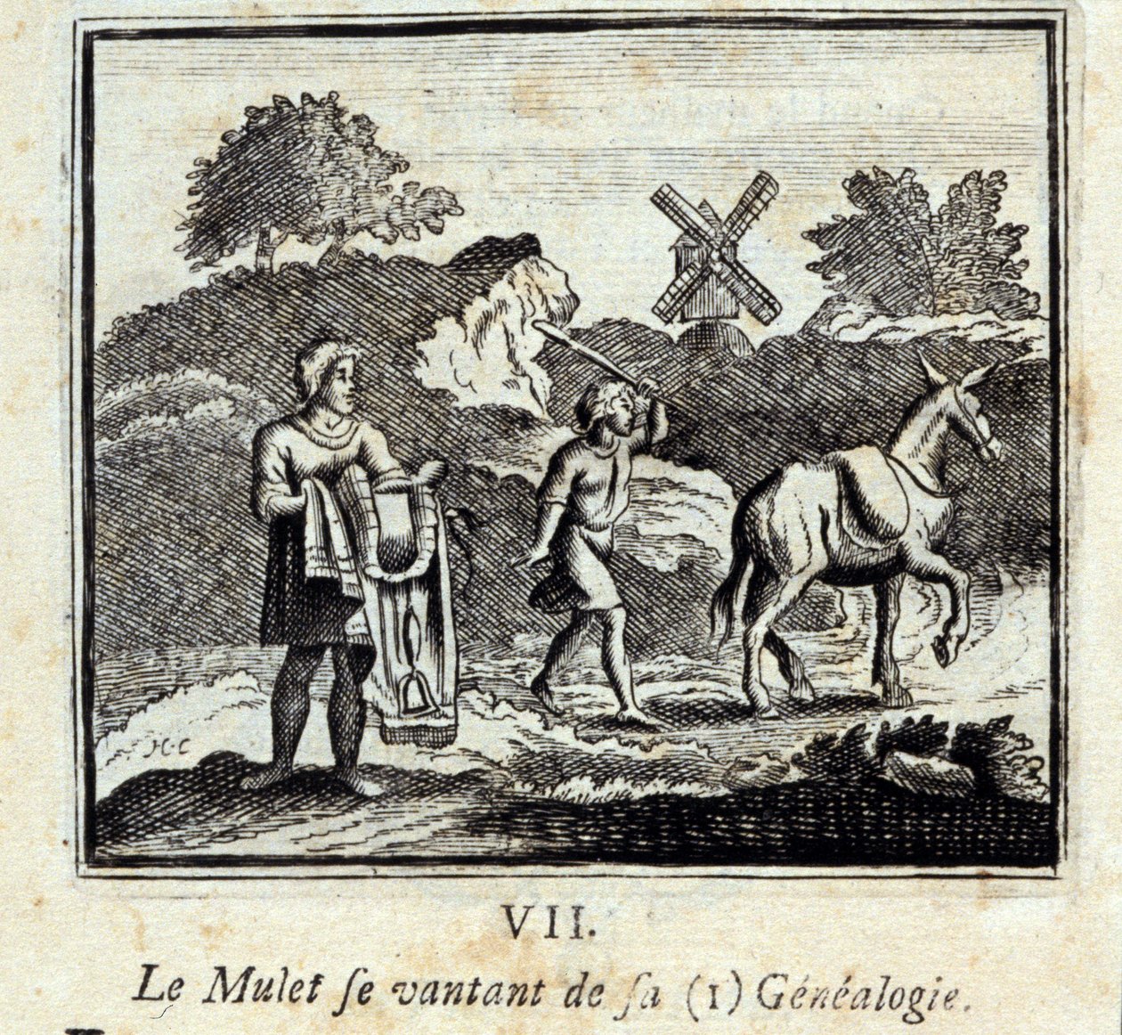 The Mullet bragging about his genealogy. Fables by Jean de La Fontaine (1621-95). Illustration by François Chauveau (1613-1676). Edition of 1728 by Francois Chauveau