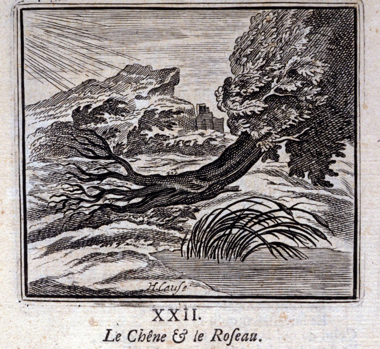 The Oak and the Reed. Fables by Jean de La Fontaine. Illustration by François Chauveau. Edition of 1728 by Francois Chauveau