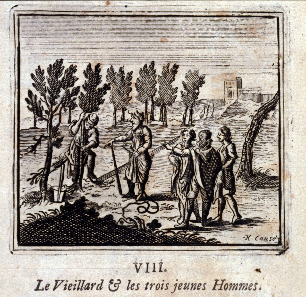 The Old Man and the Three Young Men. Fables by Jean de La Fontaine. Illustration by François Chauveau, Edition of 1728 by Francois Chauveau