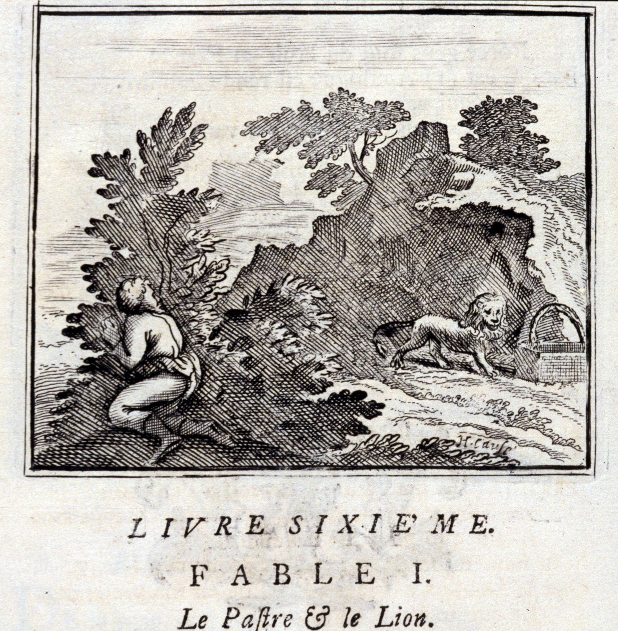 The Lion and the Gnat. Fables by Jean de La Fontaine. Illustration by François Chauveau. Edition of 1728 by Francois Chauveau