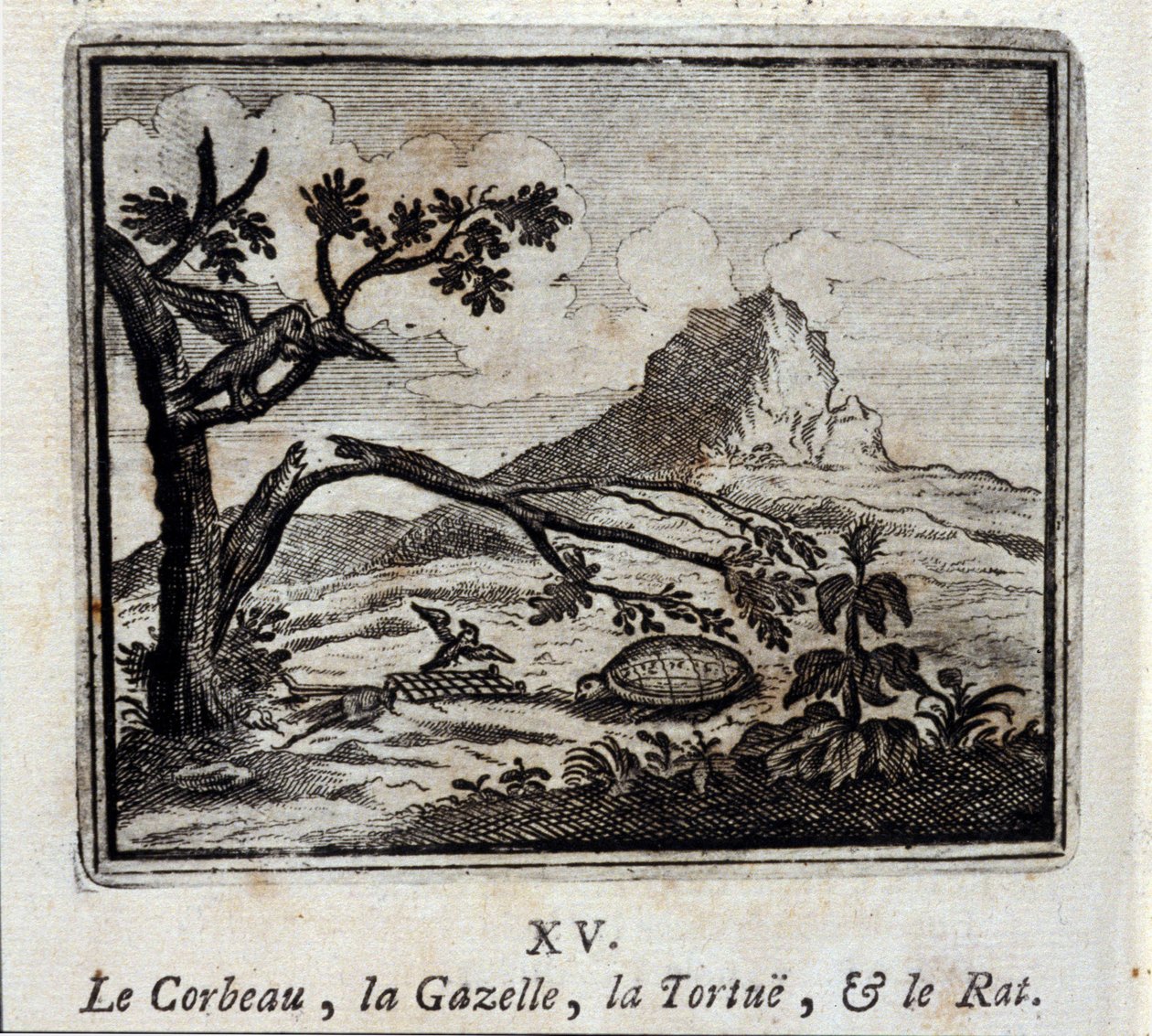 The Raven, the Gazelle, the Turtle and the Rat. Fables by Jean de La Fontaine (1621-95). Illustration by François Chauveau (1613-1676). Edition of 1728 by Francois Chauveau