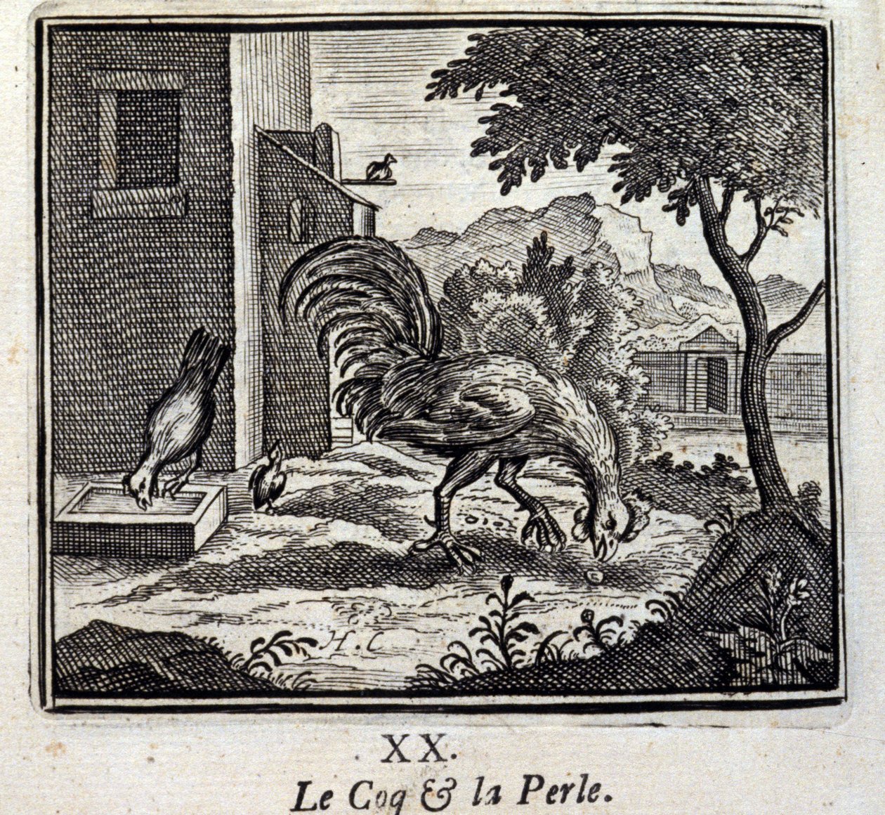 The Rooster and the Pearl. Fables by Jean de La Fontaine (1621-95). Illustration by François Chauveau (1613-1676). Edition of 1728 by Francois Chauveau