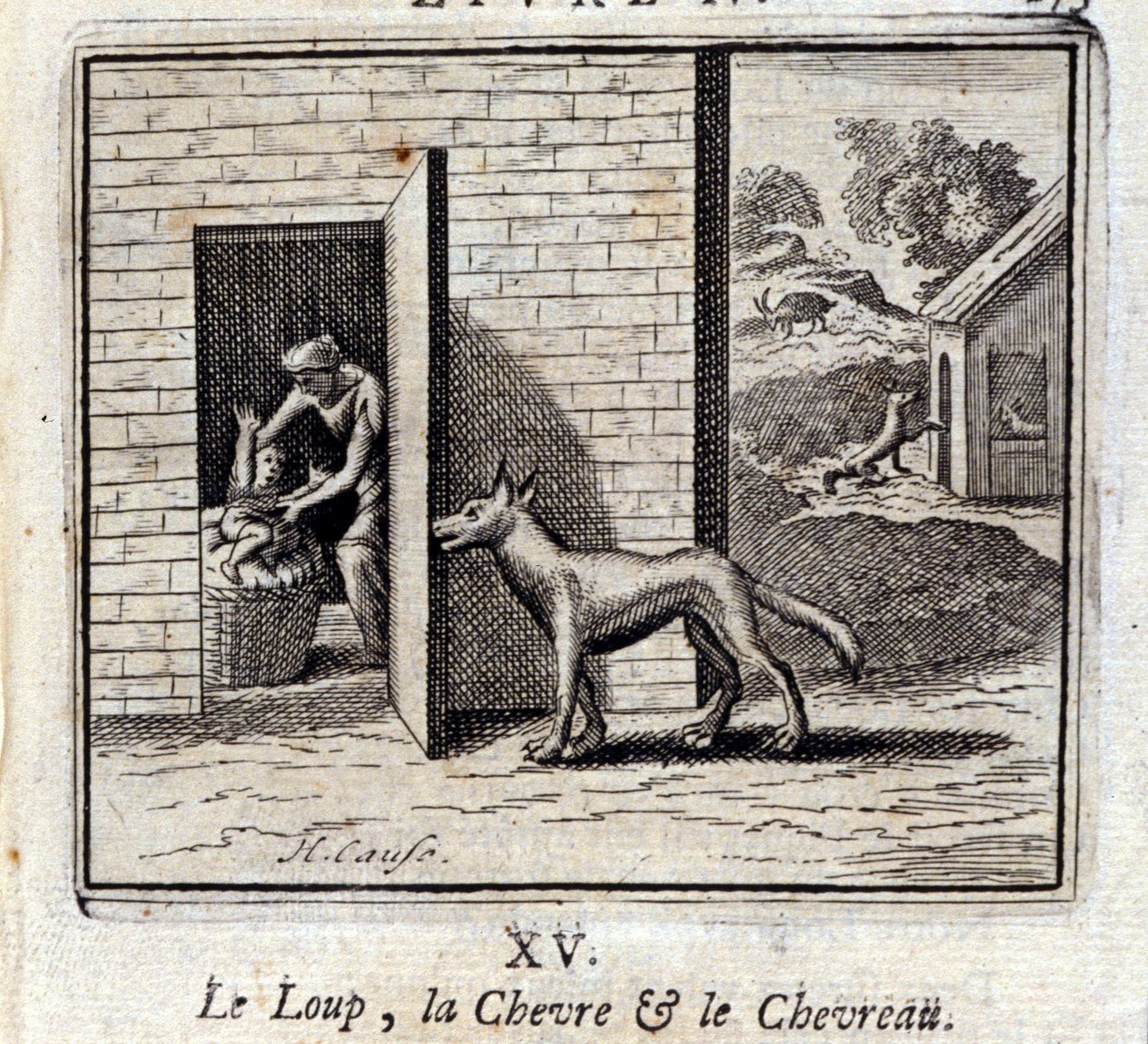 The Wolf, the Goat, and the Kid. Fables by Jean de La Fontaine. Illustration by François Chauveau. Edition of 1728 by Francois Chauveau