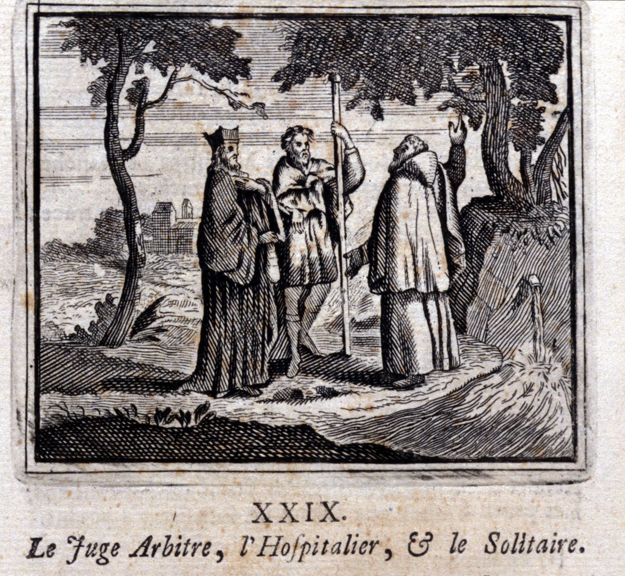 The Judge Referees the Hospitaller and the Solitaire. Fables by Jean de La Fontaine. Illustration by François Chauveau. Edition of 1728. by Francois Chauveau