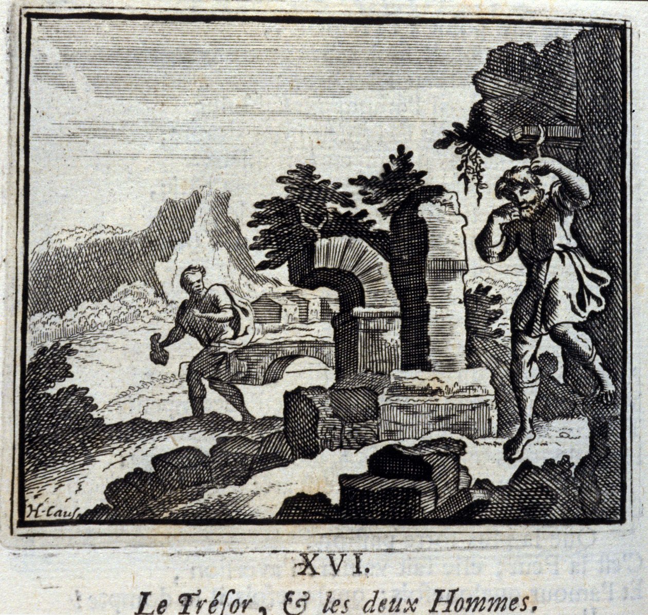 The Treasure and the Two Men. Fables by Jean de La Fontaine (1621-95). Illustration by François Chauveau (1613-1676). Edition of 1728 by Francois Chauveau