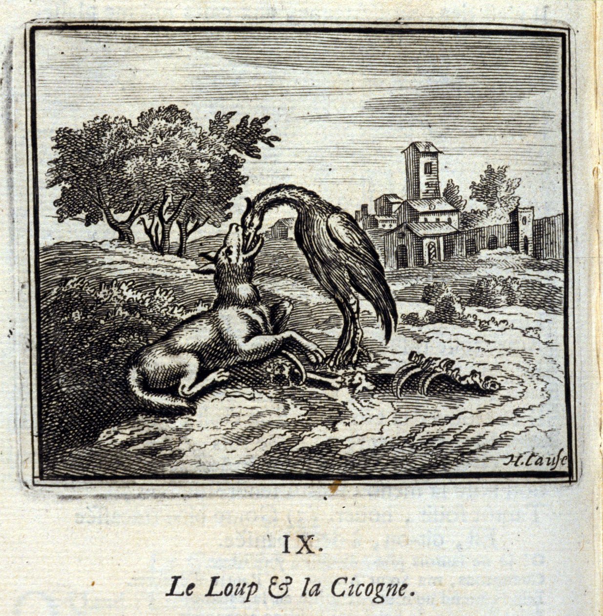The Wolf and the Stork. Fables by Jean de La Fontaine. Illustration by François Chauveau, Edition of 1728 by Francois Chauveau