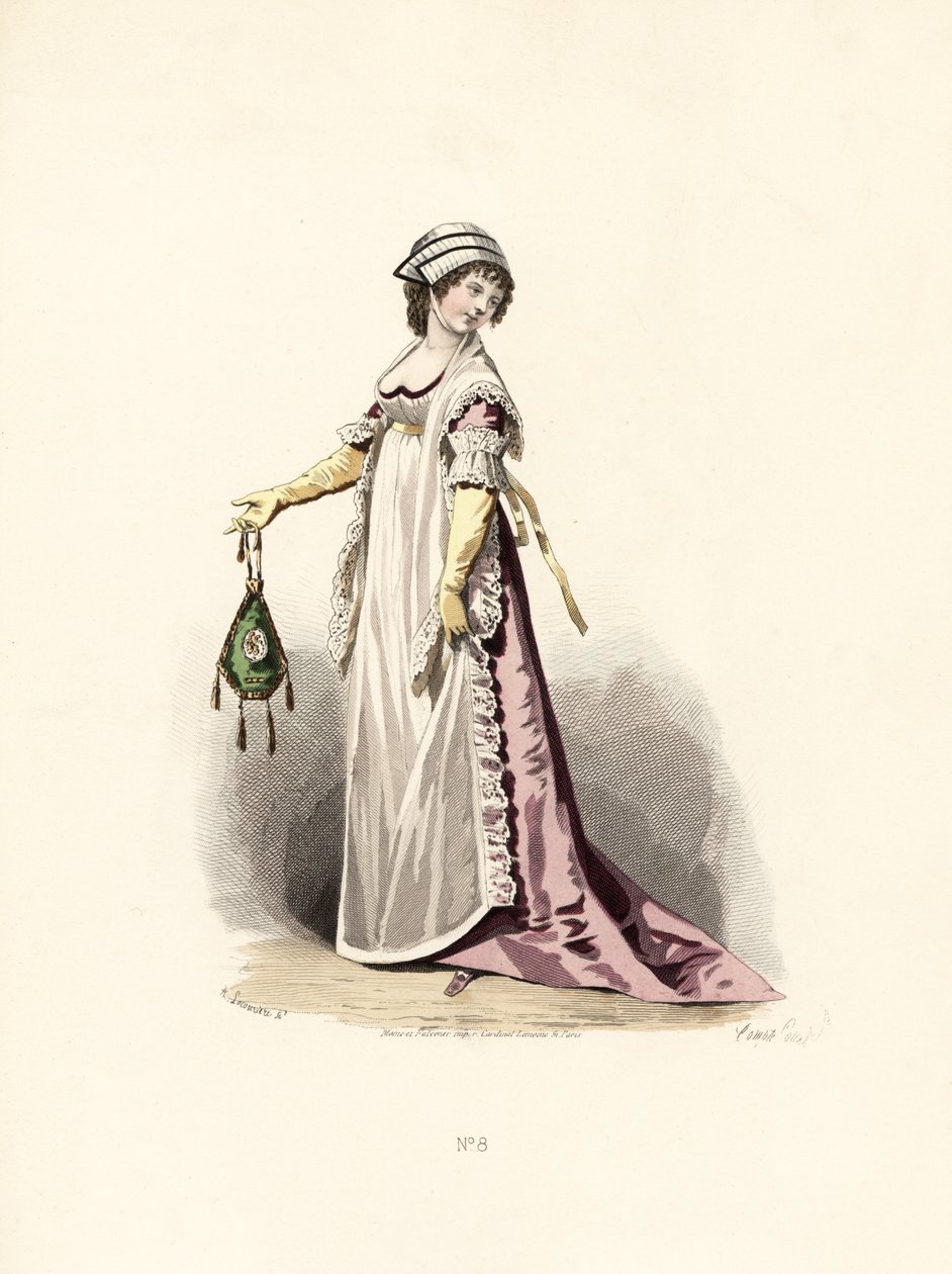 Woman in pansy-coloured dress, apron and shawl by Francois Claudius (after) Compte Calix