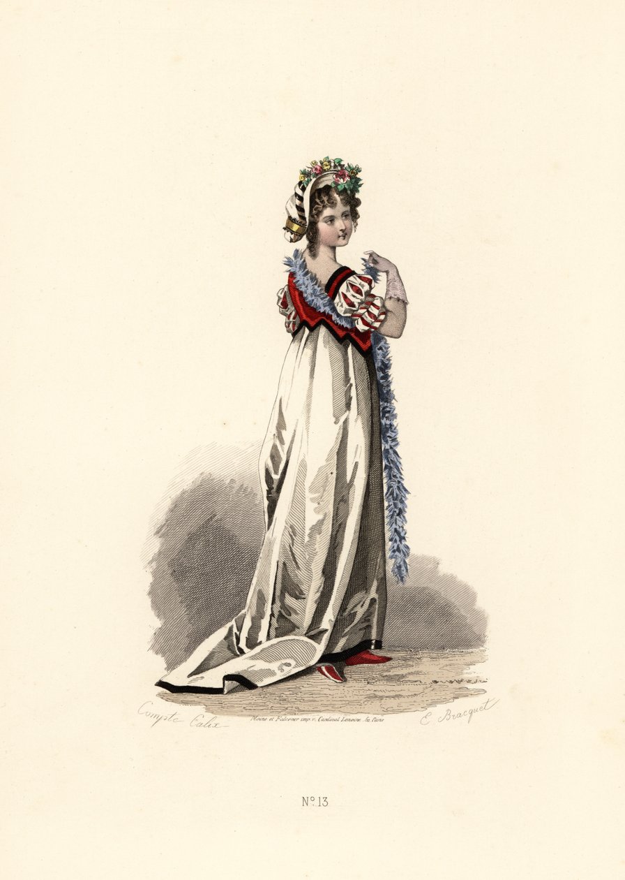 Woman in white dress with black velvet trim by Francois Claudius (after) Compte Calix
