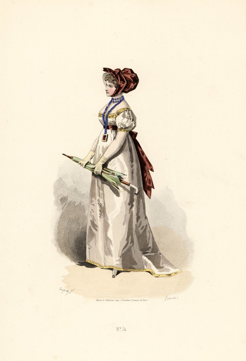 Woman in white dress with straw-coloured trim and garnet belt by Francois Claudius (after) Compte Calix