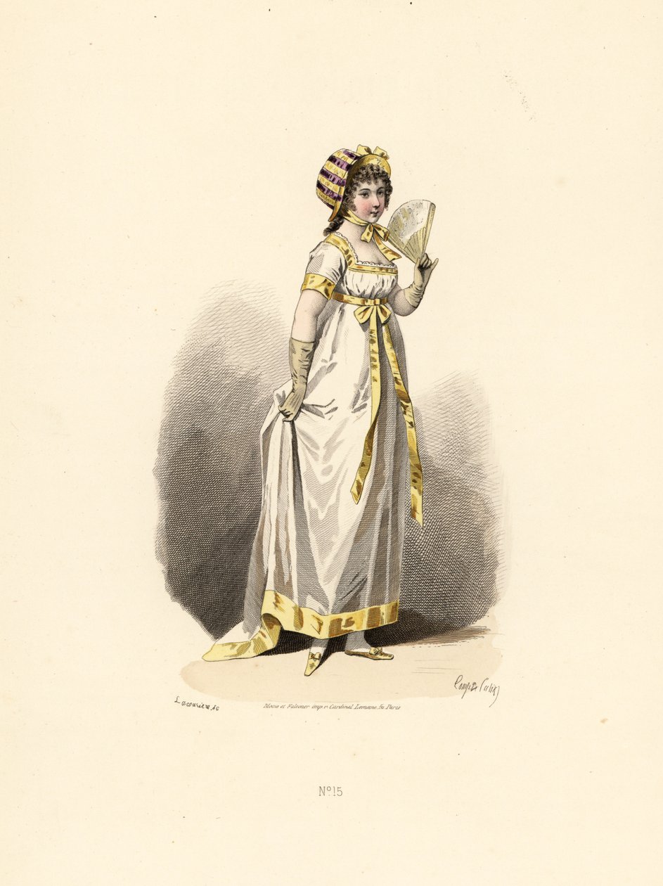Woman in White Dress with Yellow Trim with Fan by Francois Claudius (after) Compte Calix