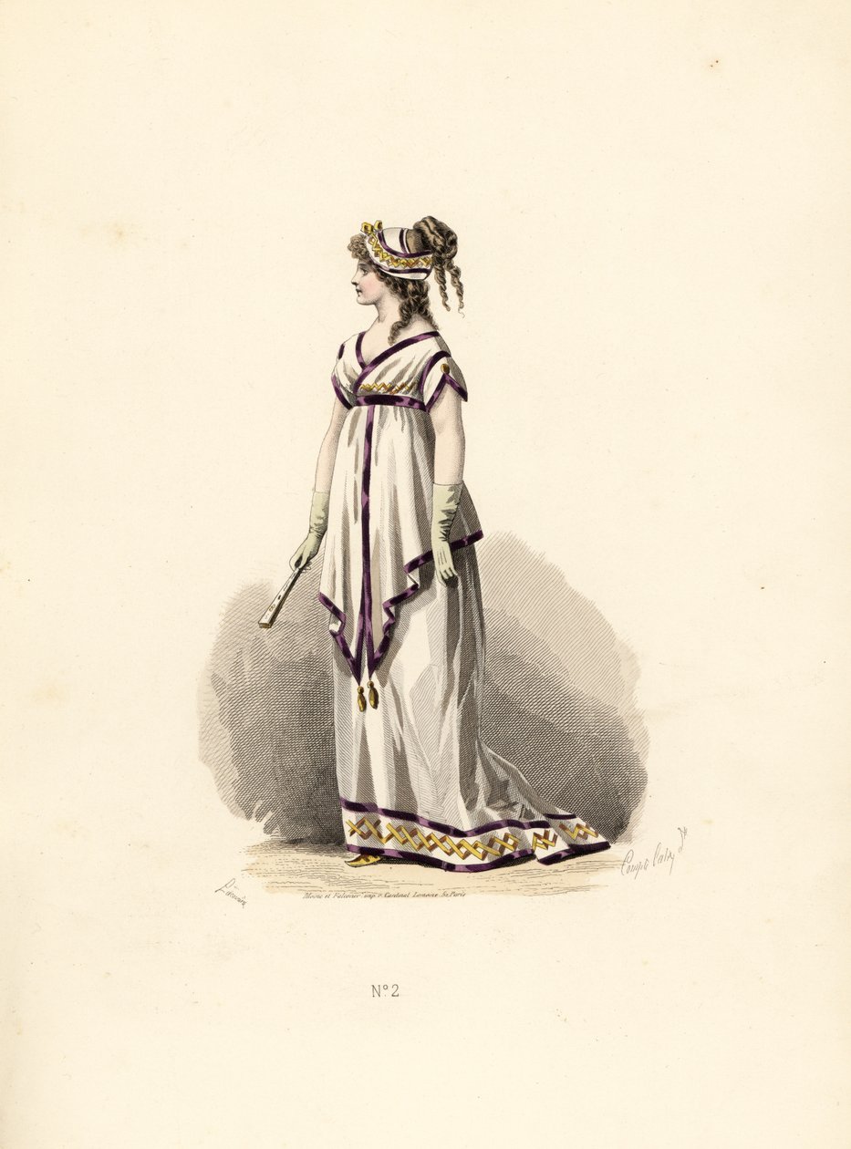 Woman in white tunic dress trimmed with lilac velvet by Francois Claudius (after) Compte Calix