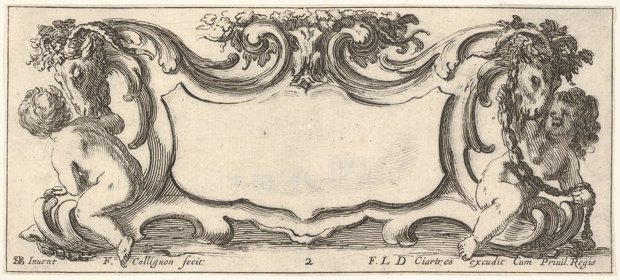 Plate 2: a cartouche with a child seen from the back to left and a child seen from ..., ca. 1640-45 by Francois Collignon