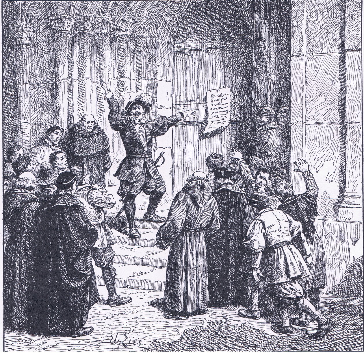 Robert Aske affixing his proclamation to the door of York Minster, from Cassells History of the British People published by the Waverley Book Company, c.1950