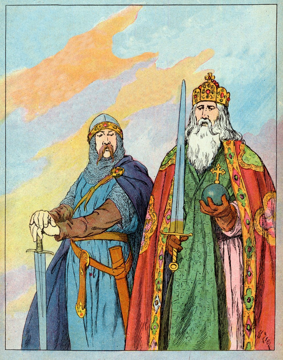 The Frankish King Charles the Great and the French knight Roland de Roncevaux - Illustration by Francois Zier taken from 