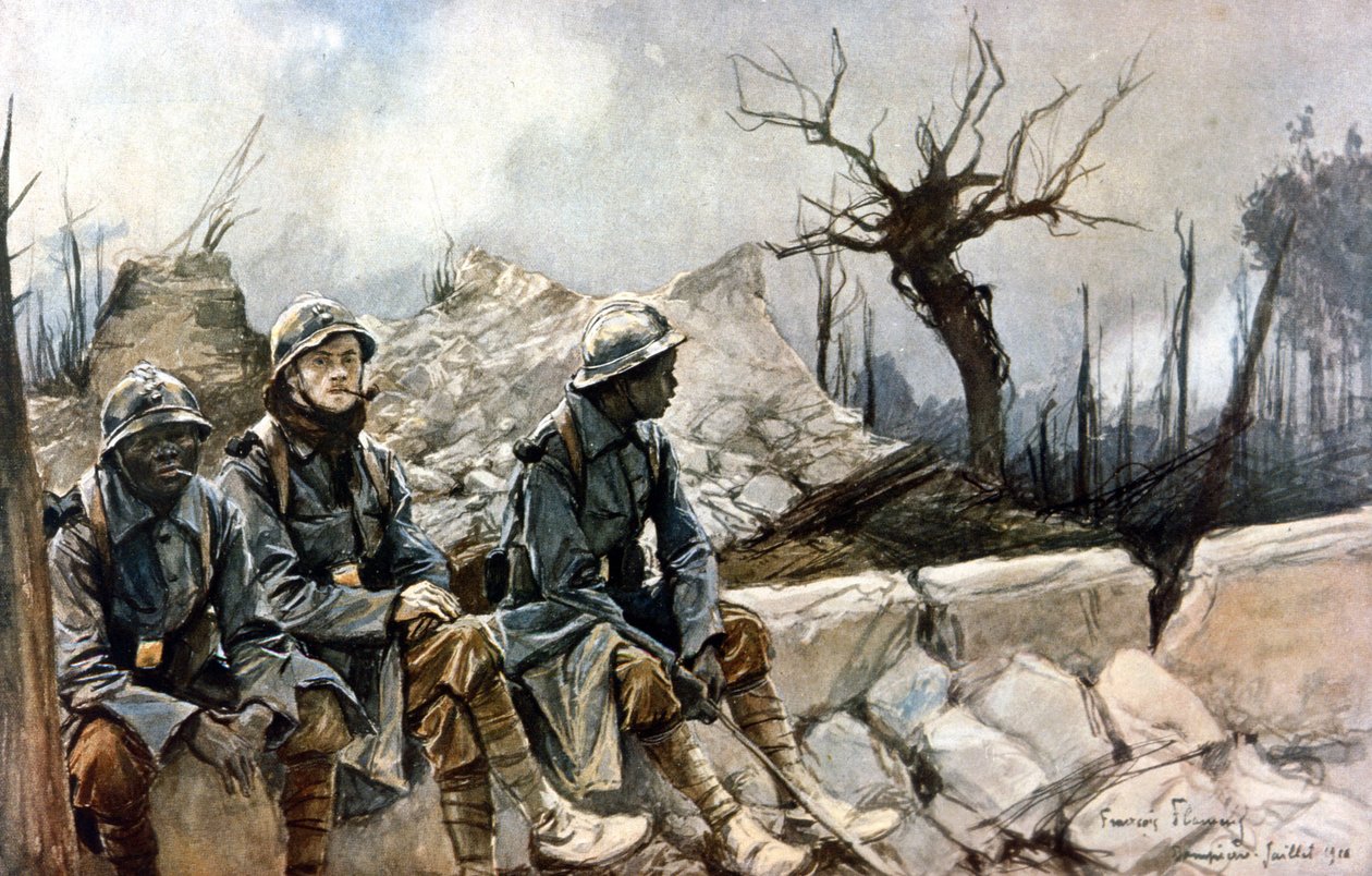3 French soldiers sitting in front of the ruins of the Dampierre church (War 1914 - 1918) by Francois Flameng