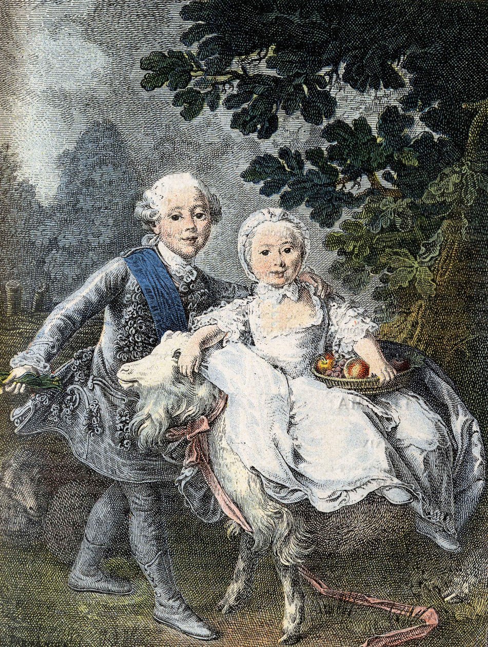 The Count of Artois Child (Future King Charles X) and His Sister Marie Clotilde Xavière (Future Queen of Sardinia). Engraving 19th Century After the Painting of François Hubert Drouais by Francois Hubert (manner of) Drouais