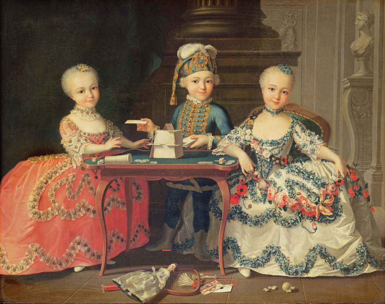 Group Portrait of a Boy and Two Girls Building a House of Cards with Other Games by the Table by Francois Hubert Drouais
