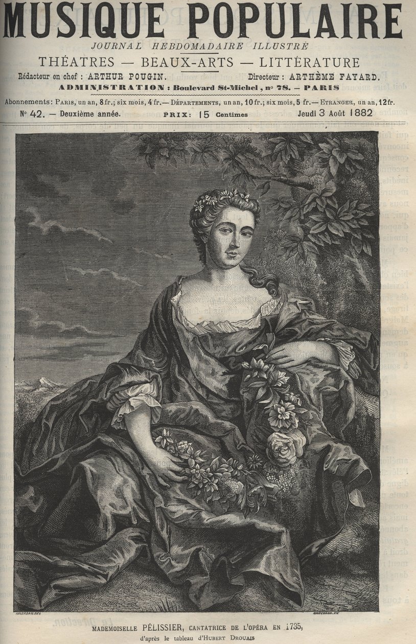 Portrait of Marie Pelissier (or Pellissier) (1707-1749), French opera singer - engraving after the painting Hubert Drouais - engraving in La musique populaire illustrated weekly newspaper - 1882 by Francois Hubert Drouais
