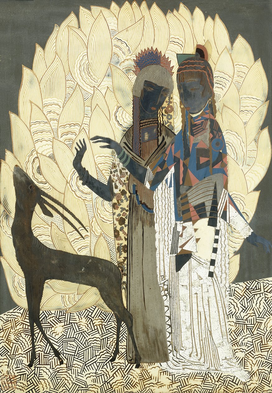 Two Stylised Women with an Antelope Amongst Foliages by Francois Louis (after) Schmied