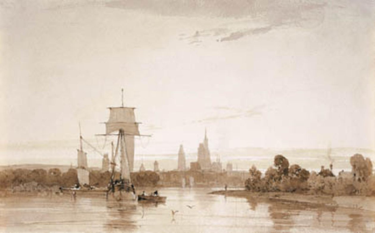 View from the Seine towards Rouen Cathedral and City. Morning by Francois Louis Thomas Francia