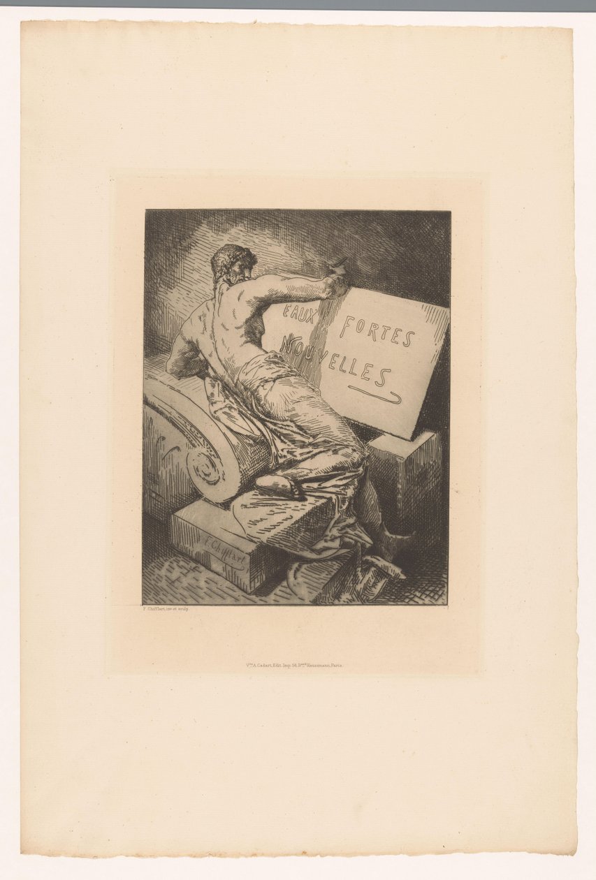 Title Print with Man on Stone Monument (series: Etchings by Various Printmakers from 1877) by Francois Nicolas Chifflart