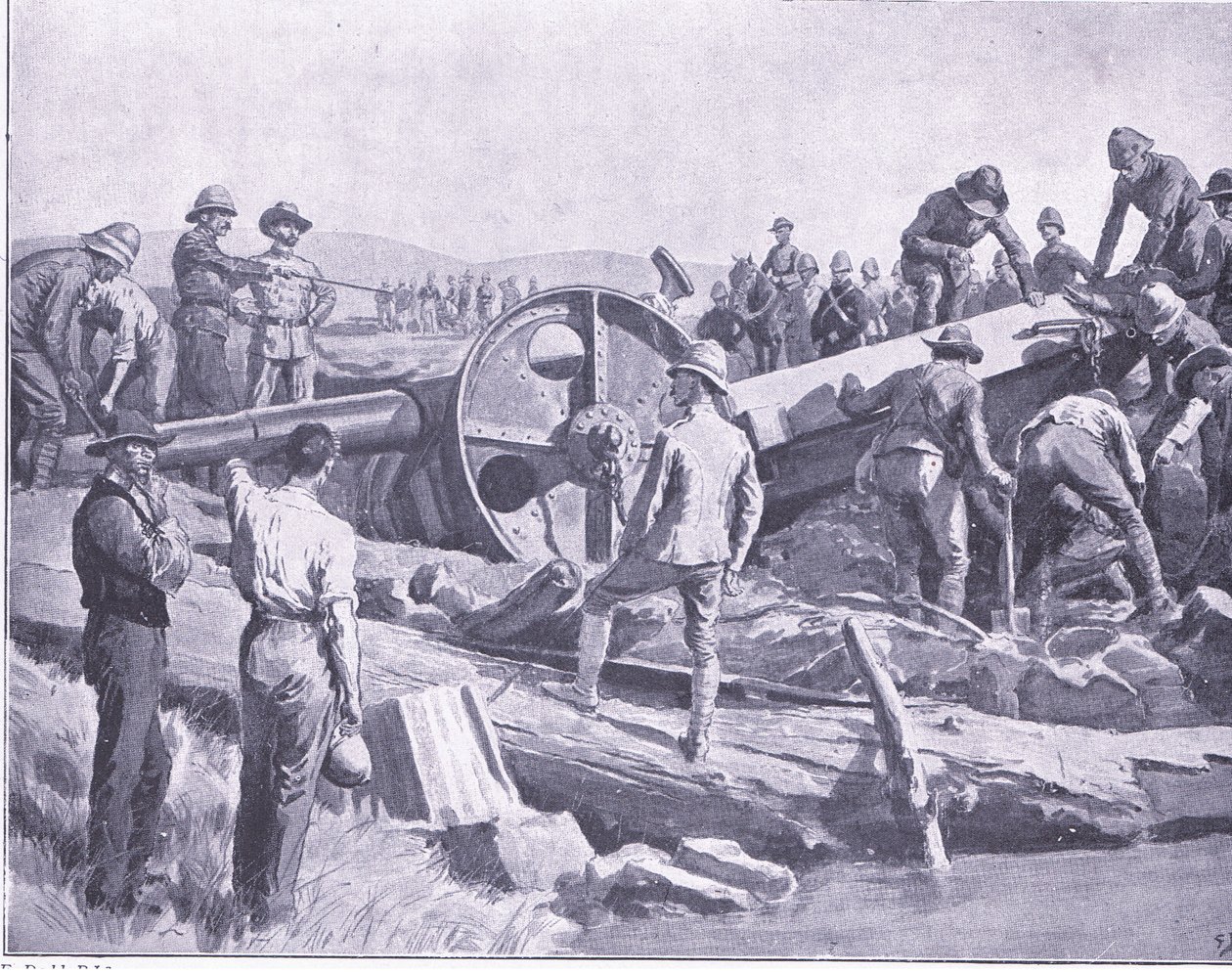Getting a gun over a nasty place (illustration from After Pretoria: The Guerilla War, 1902) by Frank Dadd