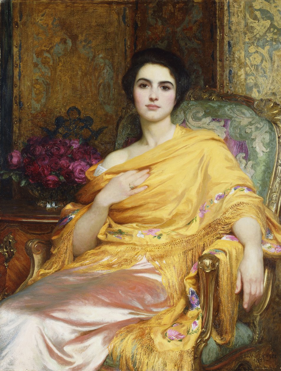 Portrait of Elsa, Daughter of William Hall, Three-Quarter Length, Seated Wearing a Pink Dress and Yellow Wrap by Frank Dicksee