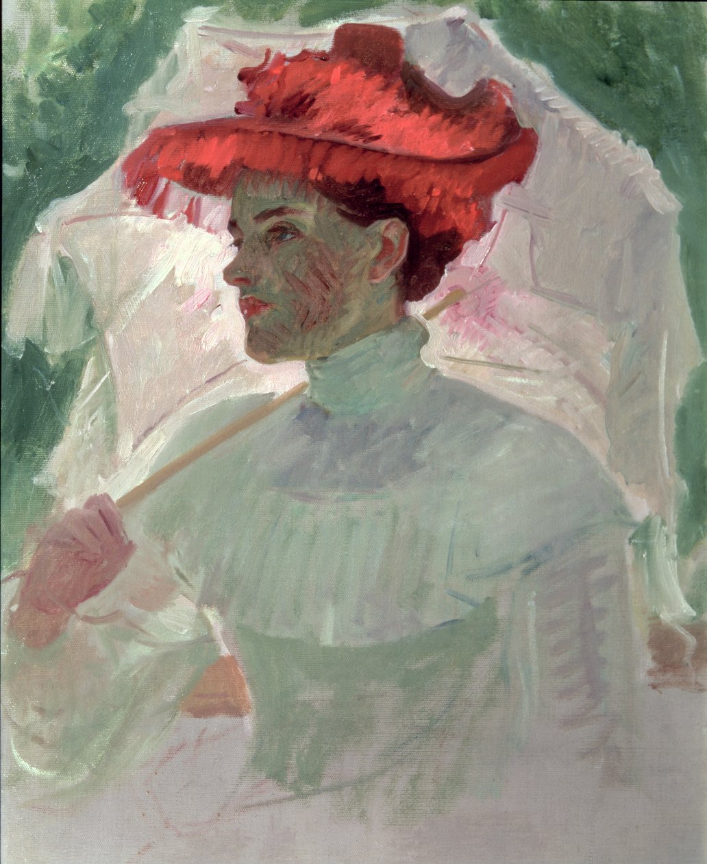 Woman with Red Hat and Parasol by Frank Duveneck