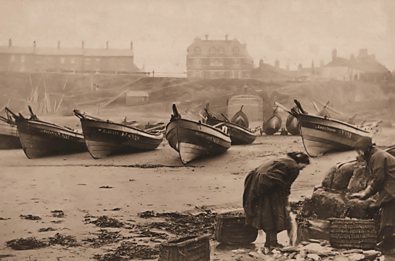 Women loading fish into baskets from the fishing boats, Whitby Harbour by Frank Meadow Sutcliffe