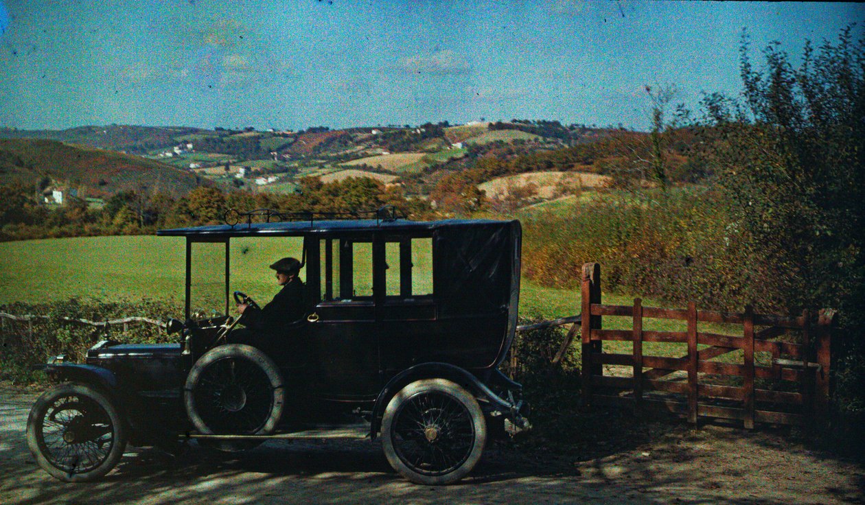 Early color autochrome circa 1916. Man in a car, perhaps the photographer in England by Franklin Price Knott
