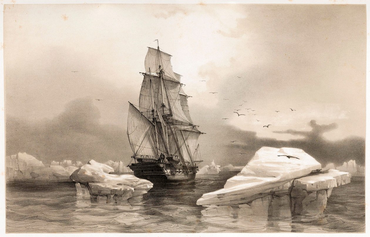 Corvette La Recherche near Bear Island on 7th August, 1838, from Voyages en Scandinavie, 1852 by François Auguste Biard