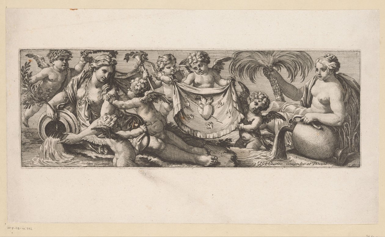 Putto with Burning and Pierced Heart by a Pair of Water Nymphs by François Bignon