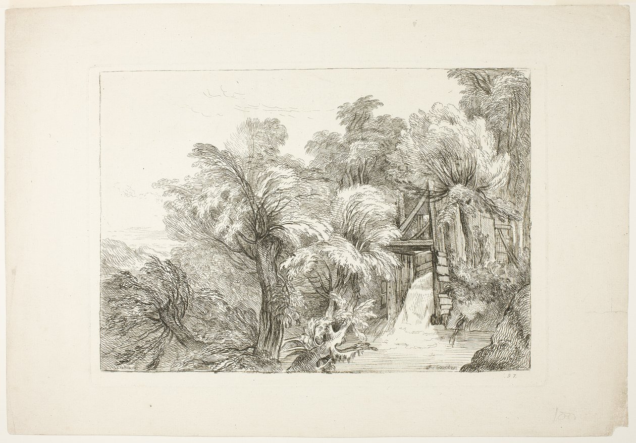 A Mill Lock in the Middle of Willows, plate 97 from Figures of Different Characters, Landscapes, and Studies Drawn from Nature by François Boucher