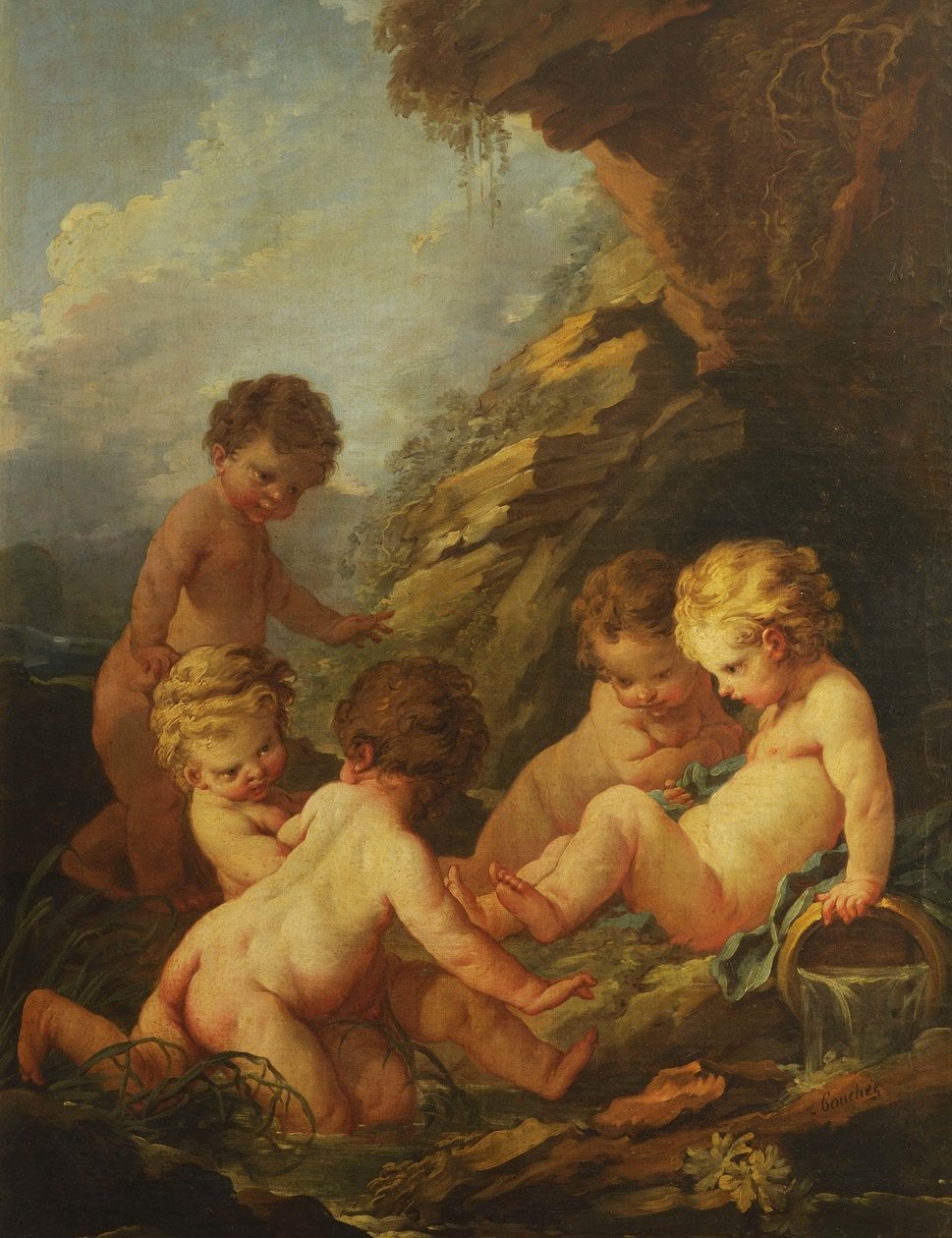 Five Naked Children Playing by a Rocky Pool, 1730-1735 by François Boucher