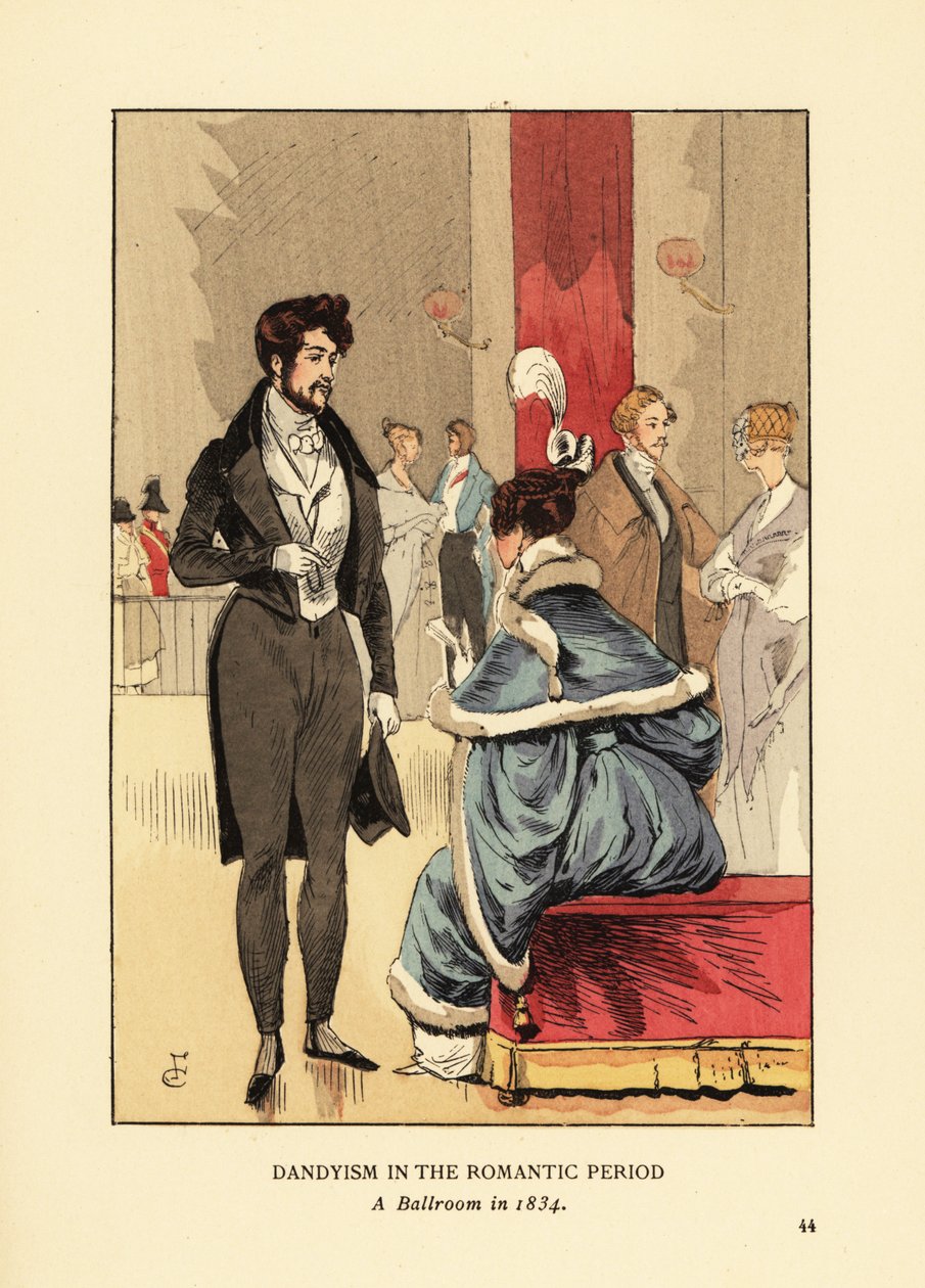 Dandyism in the Romantic Period, A Ballroom in 1834. Fop in Coat with Tails, Tight Pants and Top Hat. Woman in Fur-Trim Dress with Feather in Her Hair. Handcoloured Lithograph by R.V. after an Illustration by Francois Courboin from Octave Uzanne’s Fashion by François Courboin