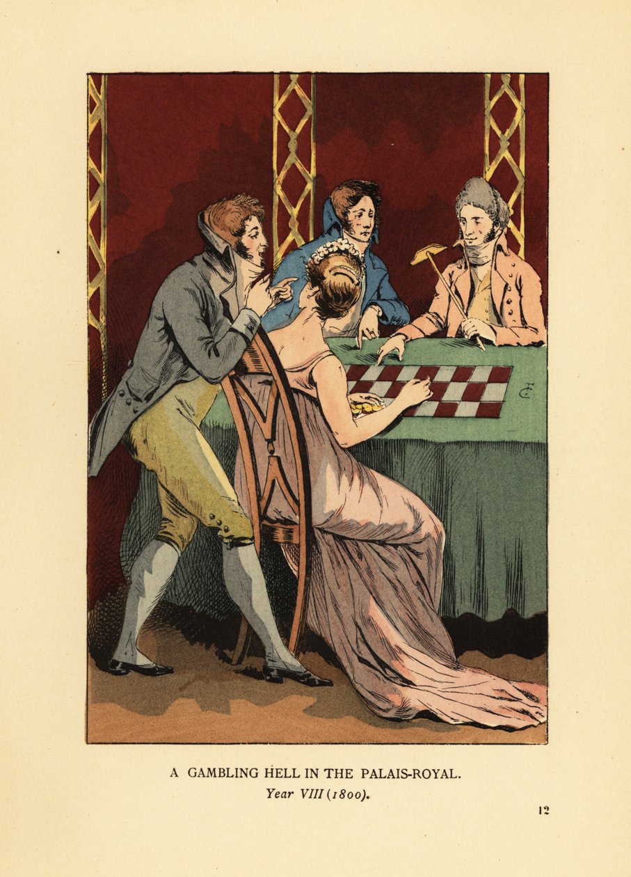 Fashionable Incroyables in high-collar jackets at a gambling table with young woman and croupier. A gambling hell in the Palais Royal, Year VIII by François Courboin