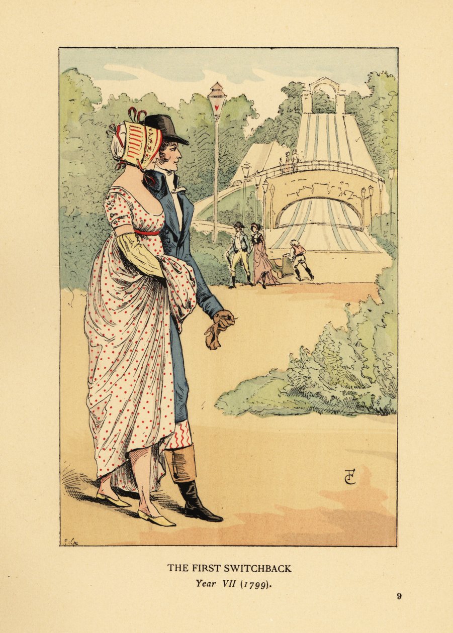 Fashionable couple at the Russian Mountains rollercoaster, Les Montagnes Russes a Belleville, built in 1812 by François Courboin