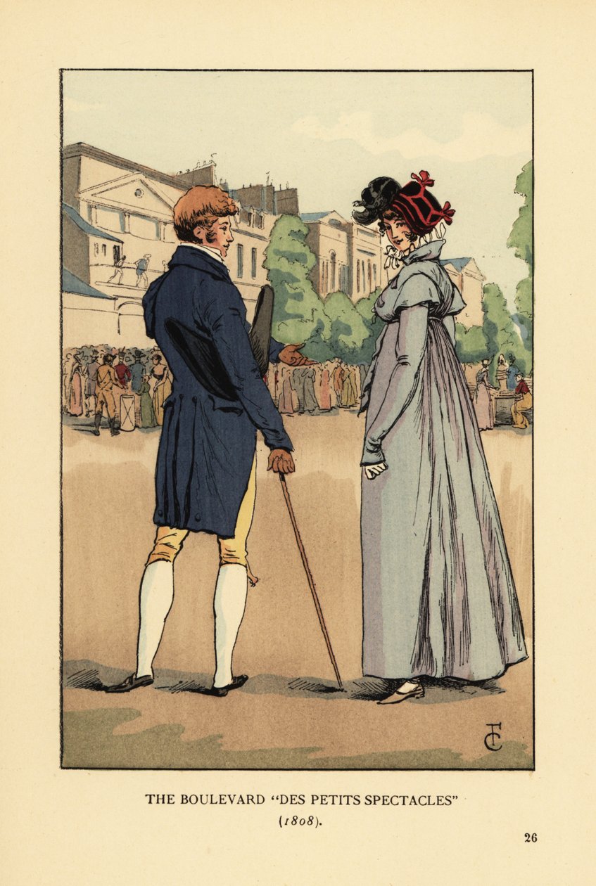 Fashionable couple slumming it on the Boulevard du Temple, Paris. The Boulevard des Petits Spectacles by François Courboin