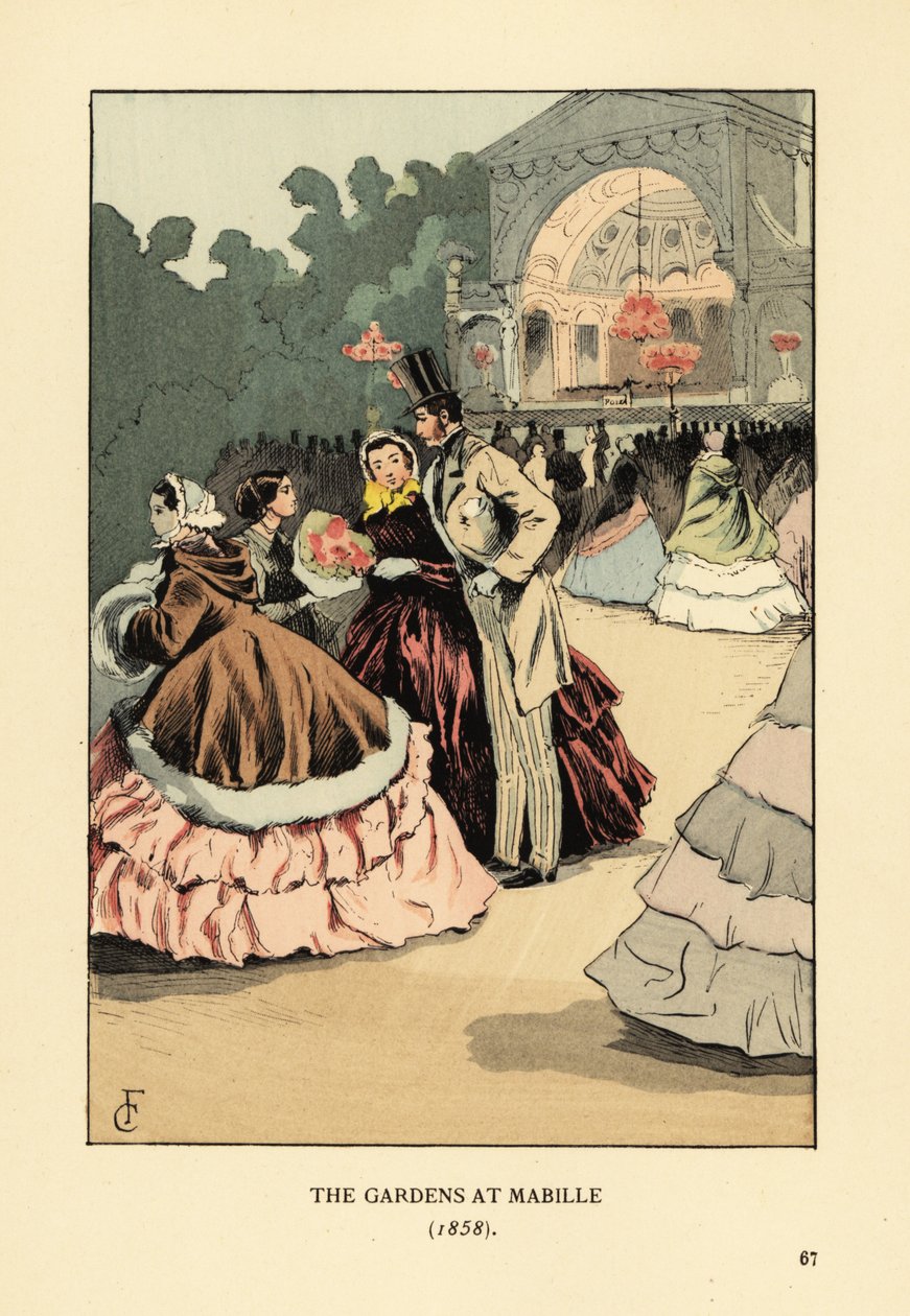 Fashionable people at the outdoor dance, Bal Mabille. Women in wide crinolines and fur capes, man in top hat, jacket and striped trousers. The evening dance at Jardin Mabille, Avenue Montaigne, was held from 1844 to 1875. The Gardens at Mabille by François Courboin