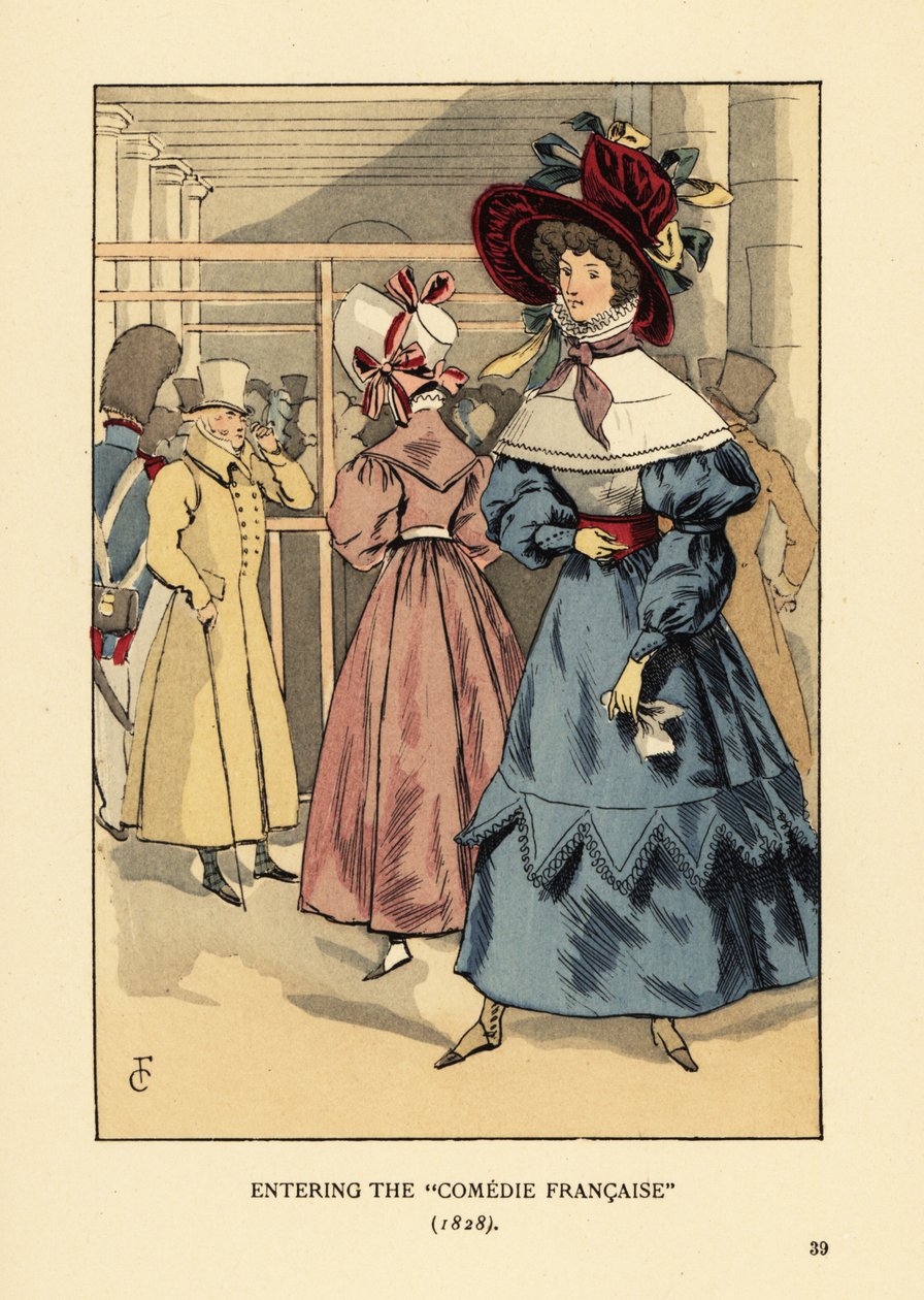 Fashionable women at a play, Paris. Woman in large bonnet with ribbons, dress with high collar, lace cape or pelerine and full sleeves en beret. Entering the Comedie Francaise by François Courboin