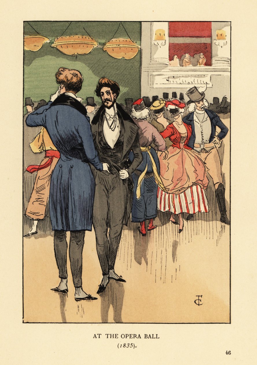 Fops in Coat with Tails, Waistcoat, Tight Pants and White Stockings at the Opera Ball 1835 by François Courboin