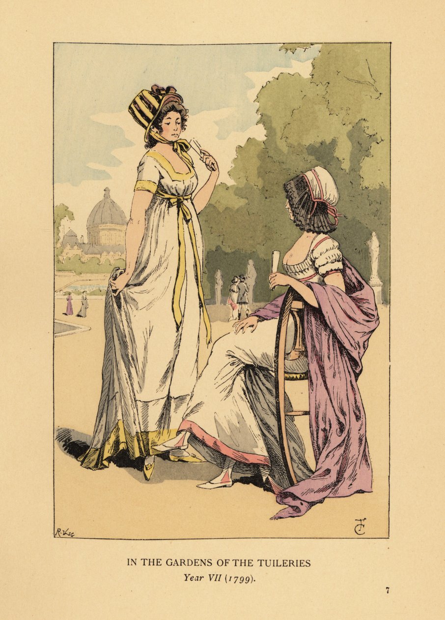 Two fashionable women in the gardens of the Tuileries, Paris, Year VII by François Courboin