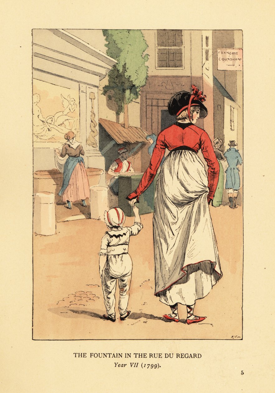 Woman and Child in Front of the Fountain of Leda, Fontaine de Leda, in the Rue du Regard, Paris, Year VII by François Courboin