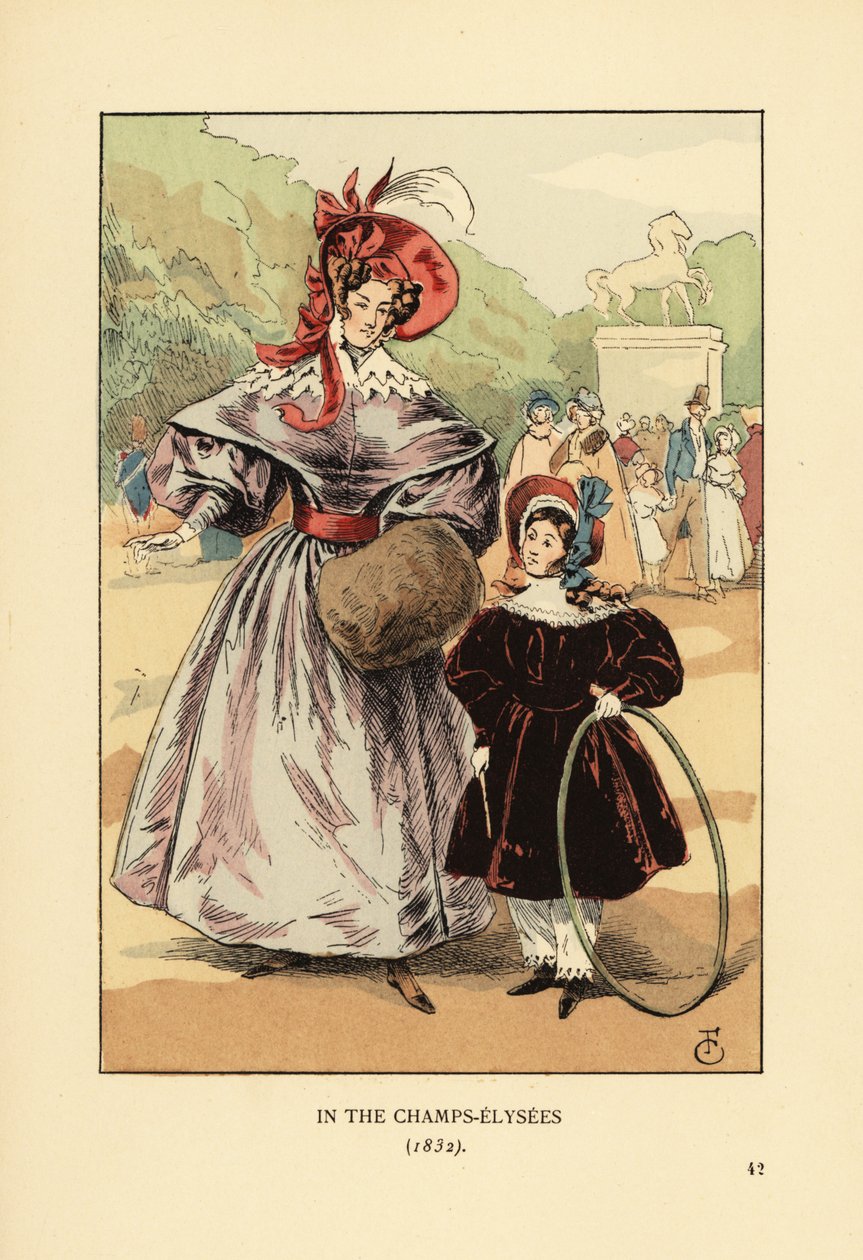 Woman and child with hoop playing in the park. In the Champs Elysees by François Courboin